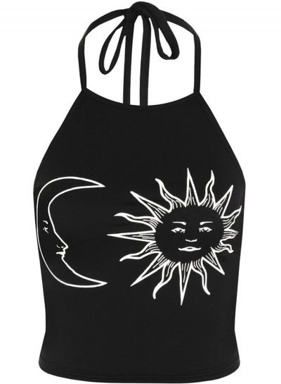 Oasap Sleeveless Sun Moon Print Halter Neck Crop Top