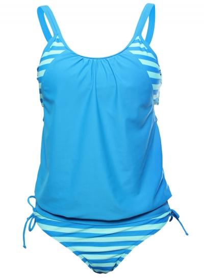 Oasap Women Blue Color Block Striped Tankini With Triangle Briefs