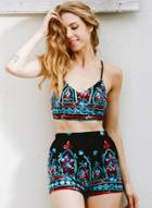 Oasap Floral Print Strap Cross Back Crop Top And Shorts Set