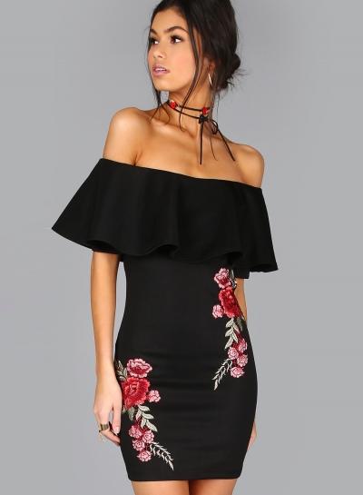 Oasap Slash Neck Floral Embroidery Bodycon Dresses