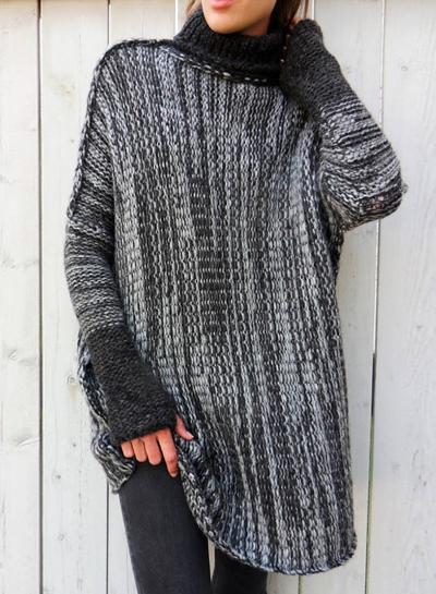 Oasap High Neck Long Sleeve Color Block Knit Pullover Sweater