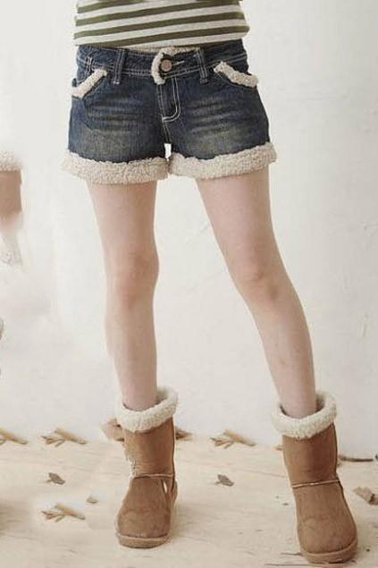 Oasap Shearling Trim Denim Shorts