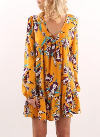 Oasap V Neck Long Sleeve Floral Loose Mini Dress
