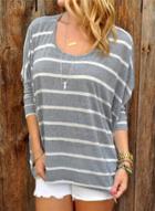 Oasap Stripe Batwing Sleeve Loose Fit Pullover Tee