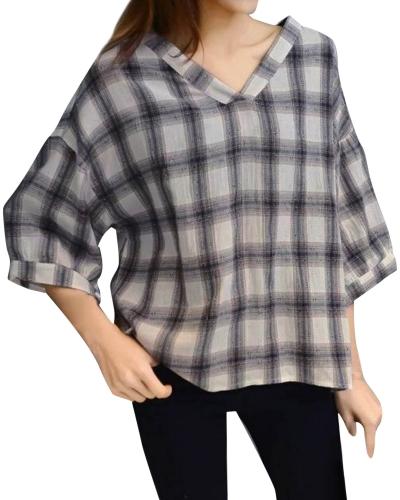 Oasap Women's Casual V-neck Plaid Loose Fit High Low Blouse