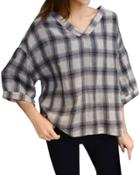 Oasap Women's Casual V-neck Plaid Loose Fit High Low Blouse