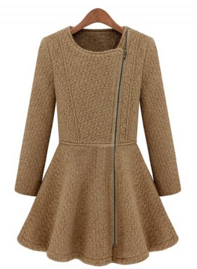 Oasap Zip Front Round Collar Pleated Coat