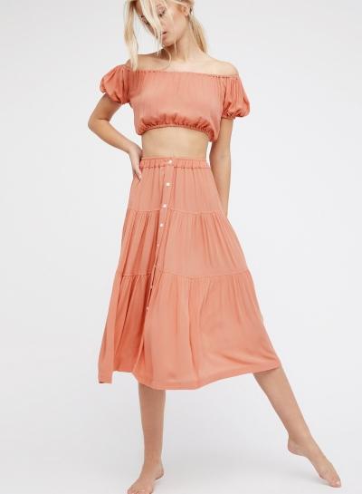 Oasap Fashion Solid Crop Top Midi Skirt Set