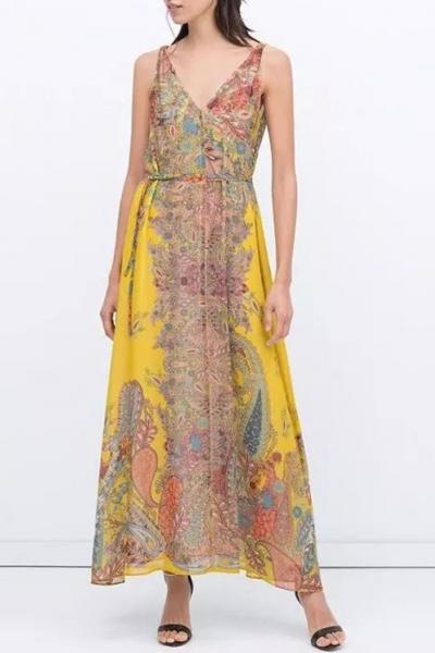 Oasap Vintage Floral Print V Neck Midi Dress
