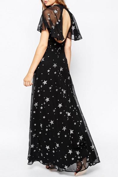 Oasap Stylish Pentagram Print V Neck Backless Chiffon Dress