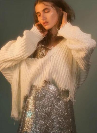 Oasap V Neck Loose Irregular Sweater With Tassel
