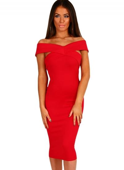 Oasap Red Off Shoulder Slim Fit Midi Dress