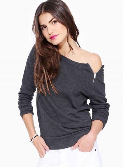 Oasap One Shoulder Zip Long Sleeve Pulover Tee