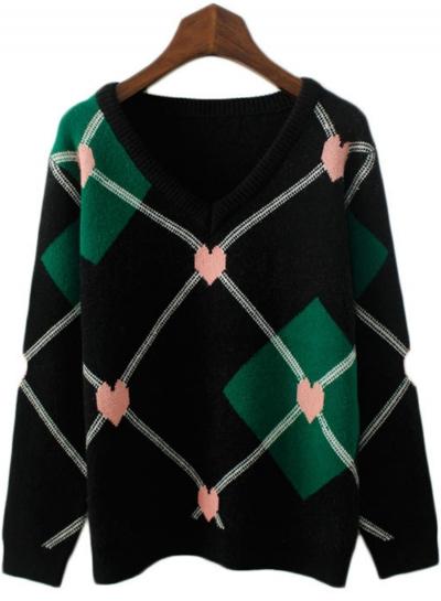 Oasap V Neck Heart Diamond Printed Loose Sweater