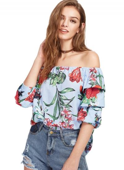Oasap Floral Print Slash Neck Loose Chiffon Blouse