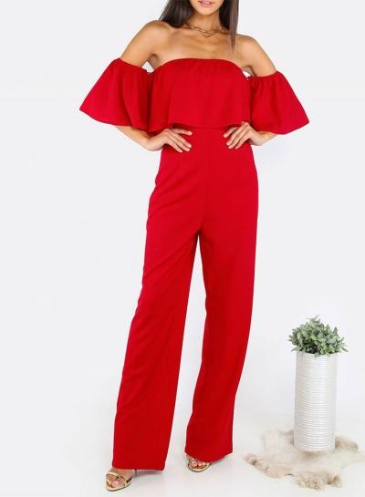 Oasap Solid Off Shoulder Ruffle Short Sleeve Wide Leg Jumpsuit
