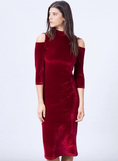 Oasap Velvet Solid Off The Shoulder Three Quarter Length Sleeve Dress