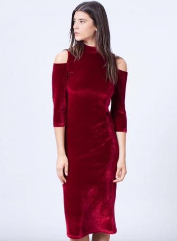 Oasap Velvet Solid Off The Shoulder Three Quarter Length Sleeve Dress