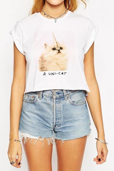 Oasap Fashion Cat Printing Short Sleeve Crop Top Tee