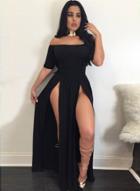 Oasap Off Shoulder Short Sleeve High Slit Maxi Pleated Dress