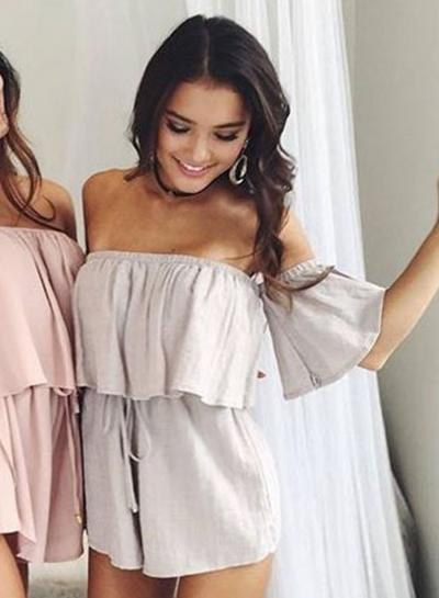 Oasap Solid Off Shoulder Ruffle Short Sleeve Loose Romper