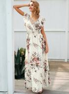 Oasap Fashion Floral Printed Short Sleeve Tight Waist V Neck Maxi Dress