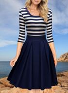 Oasap Casual Stripes Half Sleeve Pleated Dress