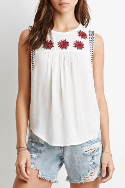 Oasap National Wind Embroidery Sleeveless Chiffon Top