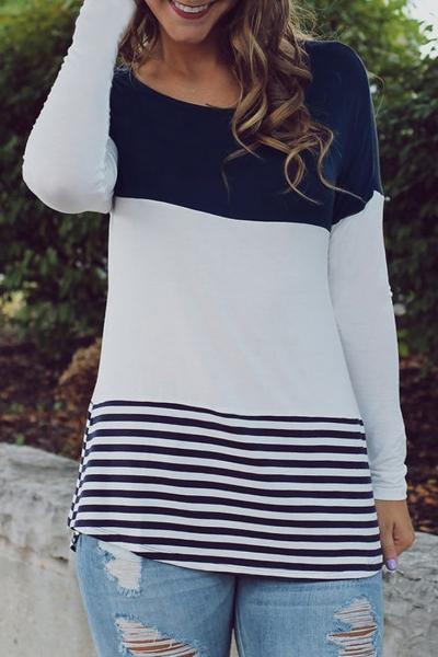 Oasap Color Block Lace Paneled Striped Tee
