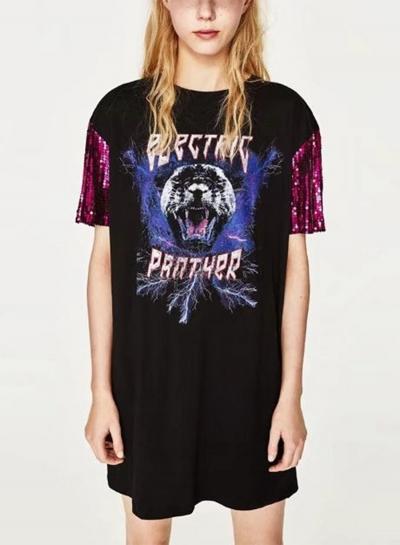 Oasap Bear Print Sequin Sleeve Dress