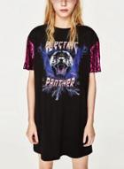 Oasap Bear Print Sequin Sleeve Dress