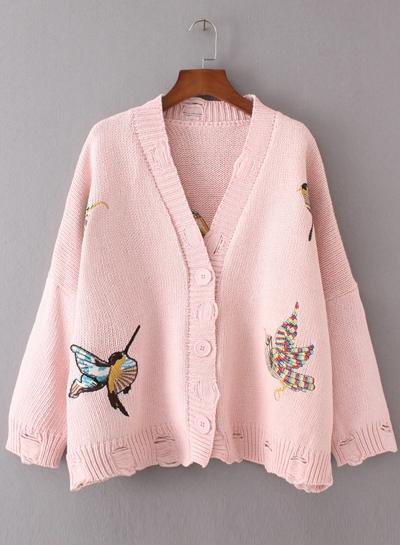 Oasap V Neck Bird Embroidery Ripped Cardigan Sweater