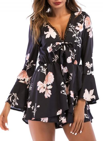 Oasap Fashion Sexy Floral Printed Lace-up Long Flare Sleeve V Neck Rompers