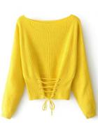 Oasap Solid Slash Neck Lace Up Knitted Pullover Sweater