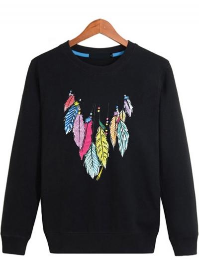 Oasap Fashion Long Sleeve Feather Printed Pullover Sweatshirt