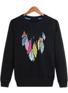 Oasap Fashion Long Sleeve Feather Printed Pullover Sweatshirt