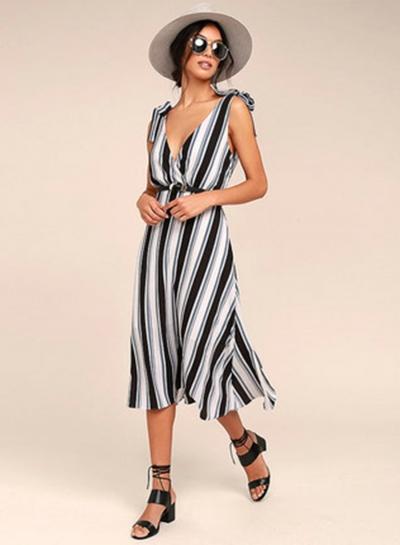 Oasap Bow Tie V Neck High Waist Striped Dress