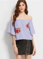 Oasap Off Shoulder Striped Floral Embroidery Blouse