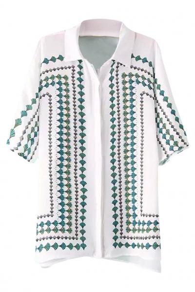 Oasap Sweet Tribal Print White Button Down Blouse