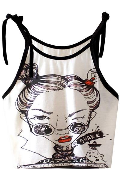 Oasap Character Graphic Lace-up Spaghetti Strap Crop Top