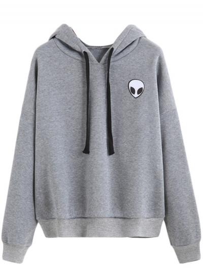 Oasap Long Sleeve Solid Color Alien Embroidery Hoodies