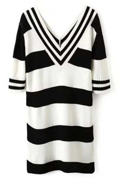 Oasap Contrast Double V Neckline Mini Knit Dress