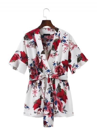 Oasap V Neck Flounce Sleeve Floral Print Romper With Belt