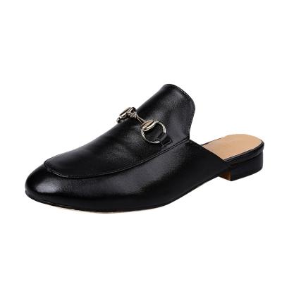 Oasap Full Grain Leather Horsebit Round Toe Block Heels Slippers