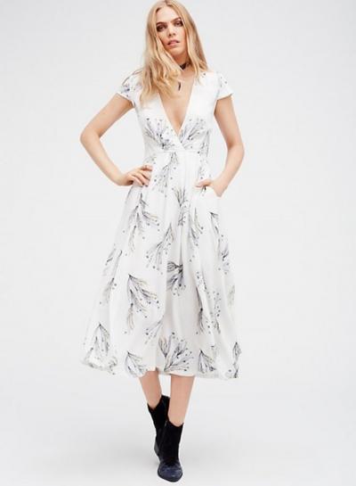 Oasap Deep V Neck Short Sleeve Printed A-line Dress
