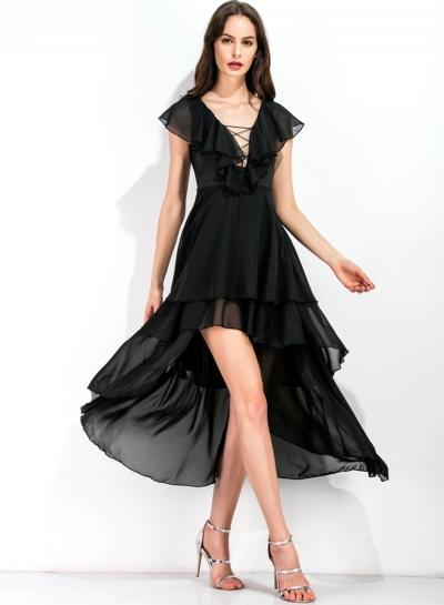 Oasap Solid Flounce Panel V Neck Lace Up Chiffon Dress