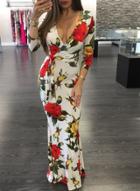 Oasap V Neck Long Sleeve Floral Printed Maxi Dress