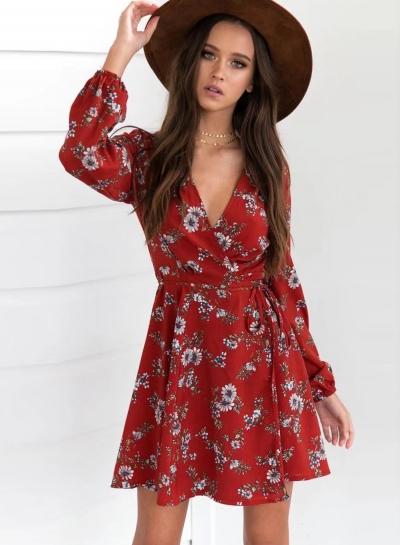 Oasap V Neck Floral Print Long Sleeve A-line Dress