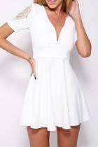 Oasap White Skater Dress With Lace Sleeve