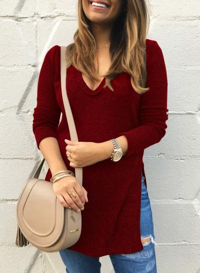 Oasap V Neck Solid Color Side Slit Pullover Sweater